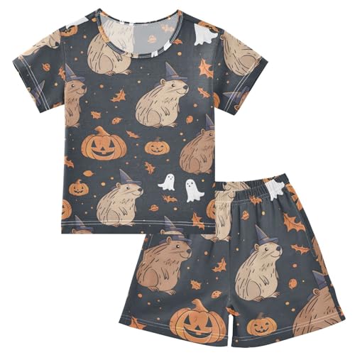 ALAZA Halloween Capybara Bat Pumpkin Pajamas Short Sleeve 2 Piece Sleepwear Top and Bottom Pajama Set Unisex