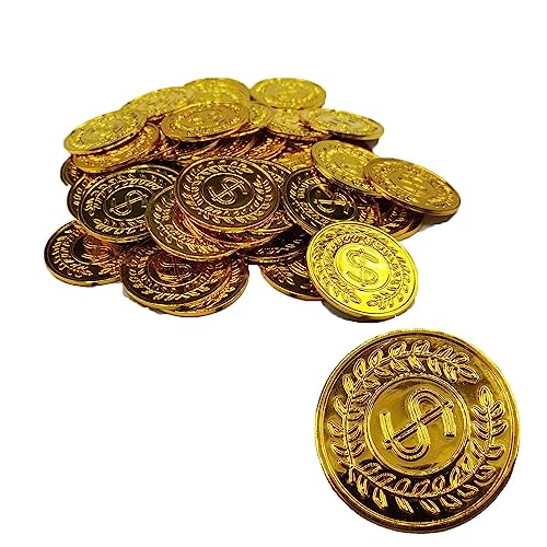 zalati Artificial Gold Coins 100pcs Faux Treasure Chest Money Toys Props for Kids Pirate Hunt Theme Party Games