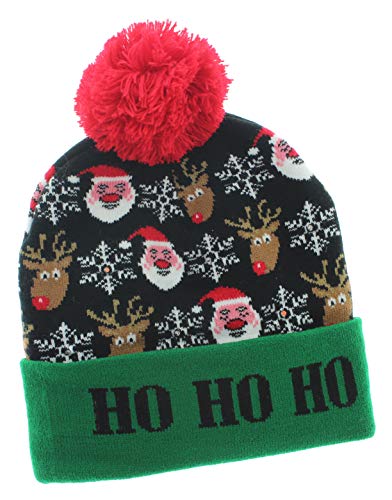 MIK Funshopping Lustige Weihnachtsmütze Pudel-Mütze Beanie-Hat mit PomPom und LED Licht (Ho Ho Ho) Cover