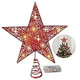 Christmas Tree Top Star with Beautiful LED Lights, Metal Glitter Xmas Star Tree Topper for Christmas Ornaments and Holiday Seasonal Décor (Red)