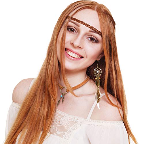 Hicarer 2 Sets Native American Jewelry Set for Women 2 Pieces Faux Suede Choker Necklace Faux Leather Choker and 2 Pairs Bohemian Artificial Feather Earrings Boho Dream Catcher Earring Western Jewelry2