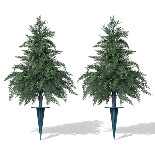 Artificial Cypress Topiary Cedar Trees with Ground Spike, 2 Pieces Fake Pine Shrubs Bushes, UV Resistant Faux Evergreen Tree Plants for Indoor Outdoor Planters Front Porch