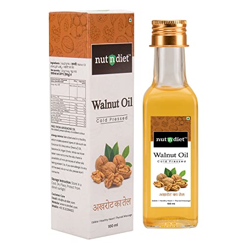 Image of nutndiet Cold Pressed Walnut Oil 100ml Glass Bottle | Pure & Natural Edible Akhrot Ka Tel | Rich in Omega-3 & Antioxidants | Ideal for thyroid massage, Face Skin & Hair Care