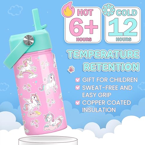 Image of SANDJEST Unicorn Water Bottle - Kids Water Bottle with Straw Lid - 12 Oz Insulated Stainless Steel Water Bottles for Kid Girls - Travel Cup for School Sports