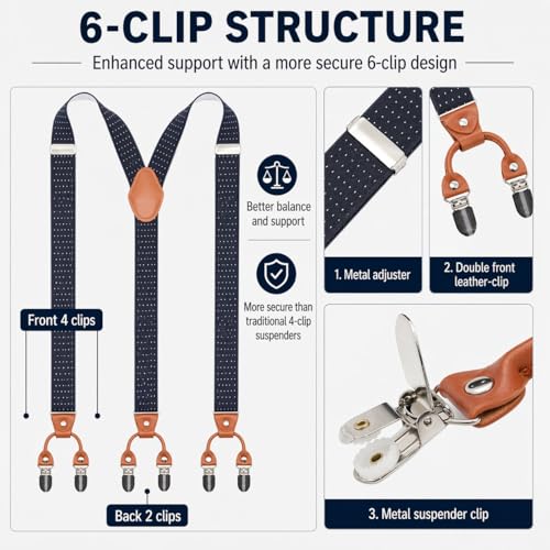 Image of Men's Heavy Duty Y-Back Suspenders, 6 Strong Metal Clips Adjustable Elastic Straps for Work, Tuxedos, and Daily Wear