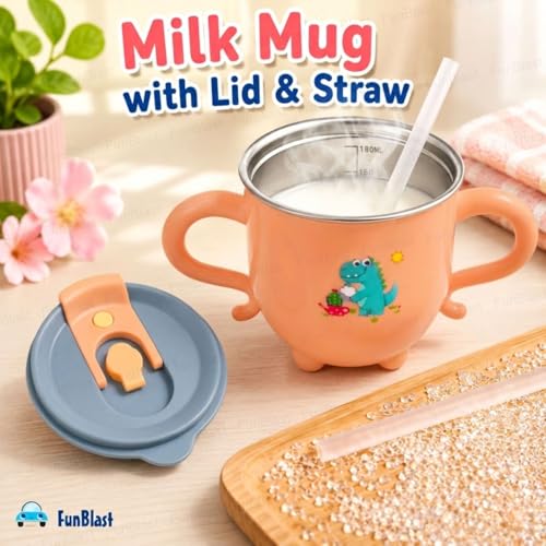 Image of FunBlast Milk Mug for Kids - Dinosaur Print S316 Stainless Steel Mug for Kids, Insulated Milk Cup with Lid & Straw, Water, Juice Drinking Mug, Glass, Cup for Kids - 200 ML (Peach)
