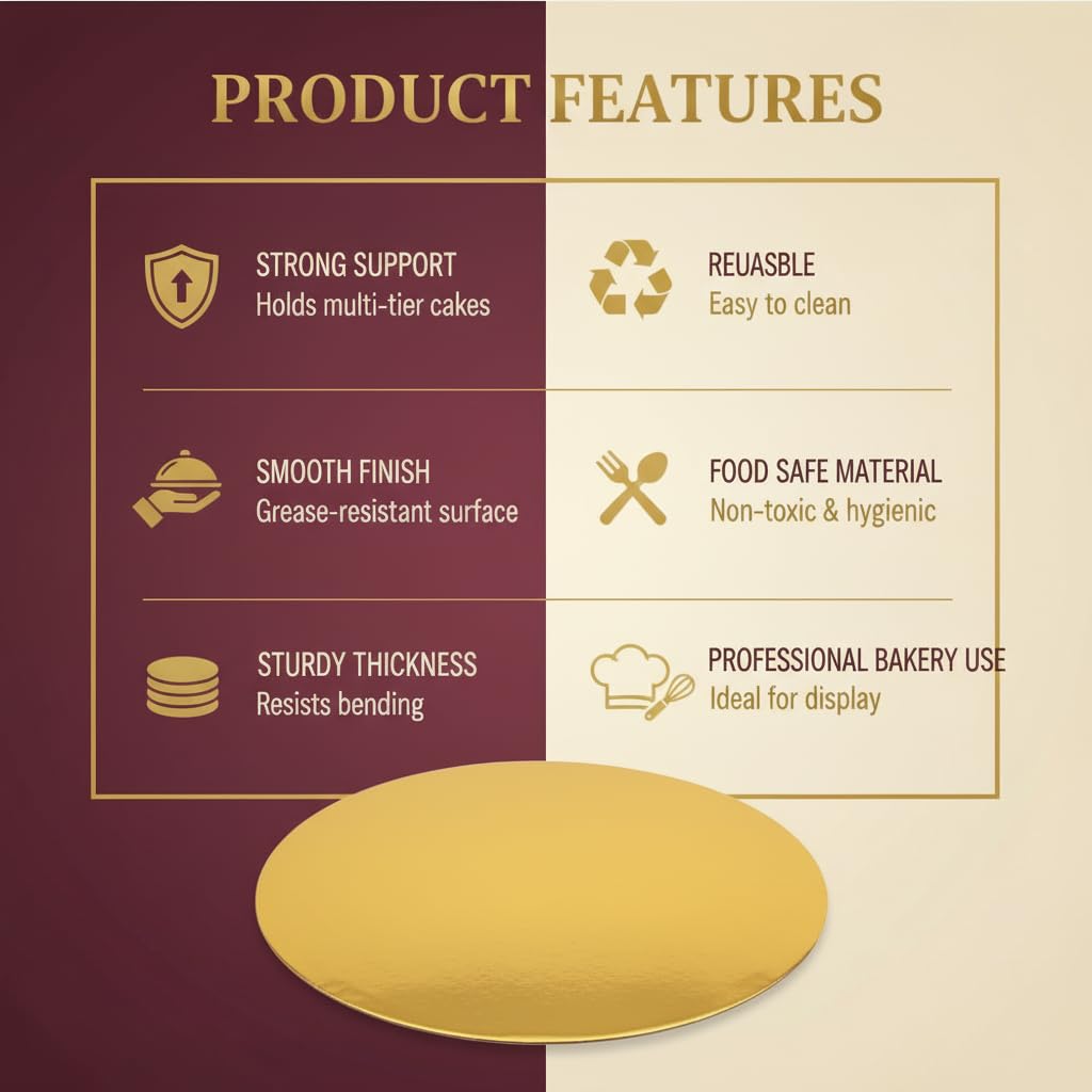 KHAANA PACKAGING 12-Inch Round Cake Base Boards | MDF Cake Plate, Gold, Set of 5 | Disposable Cake Circles, Scalloped Cardboard Cake Boards for Cakes, Pastries, & Desserts | Premium Cake Base Circles 2