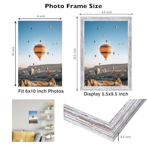 Image of JCJMY 6x10 Picture Frame Rustic White for Wall Hanging or Tabletop, Wall Mounting Horizontally or Vertically, 6 x 10 Wall Gallery Poster Photo Frame with Shatter Resistant Plexiglass, Rustic White