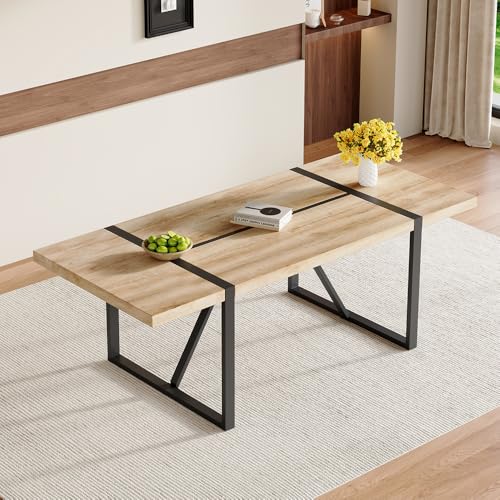 UELKS 86.6" Light Wood Dining Table, Modern Large Rectangle Wood