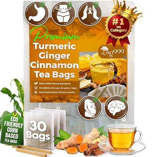 TOG999, 30 Bags Premium Turmeric Ginger Cinnamon Tea. Upgraded Version. Improve Digestion, Support Brain, Weight, Skin and Sleep. Eco-Conscious Tea Bags. No Sugar, No Caffeine, No Gluten, Vegan.
