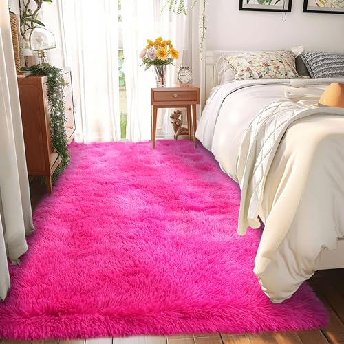 Fluffy Rug Runners 2x6, Super Soft Hot Pink Bedside Rug, Runner Rug for Bedroom Girls, Non-Slip Rug Hallway Decor