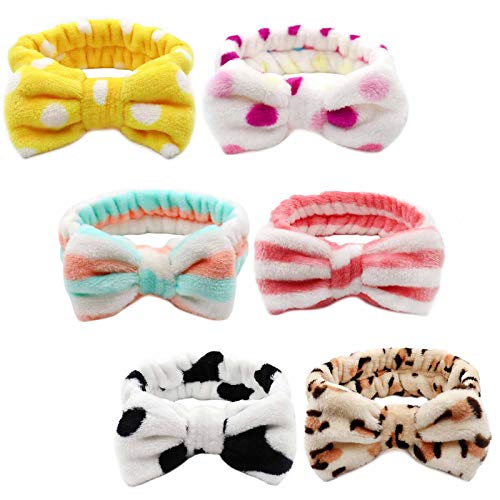 SPA Headbands for Washing Face, Soft Coral Fleece Bow Head Band, Makeup Hair Band for Shower Pack-6