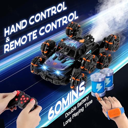 Image of VikriDA 8 Wheel Remote Control Car with Lights, Music & 360 Rotation - Hand Control RC Vehicle Toy for Kids & Adults - Black