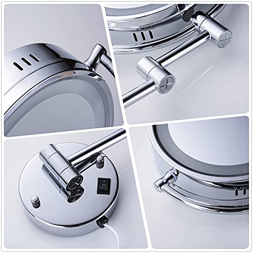 Cavoli Wall Mounted Makeup Mirror With Led Lighted 10X Magnification,3 Colors Lights Modes,8.5 Inches,Bathroom And Hotel, Chrome Finish,Made Of Brass #TOP6