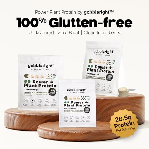 Image of GOBBLERIGHT Power Plant Protein Powder Unflavoured 500g | No Added Sugar | Isolate & Concentrate Pea Rice Protein with Turmeric & Moringa | 5.59g BCAA | No Bloat & Gut Friendly | Vegan & Dairy Free