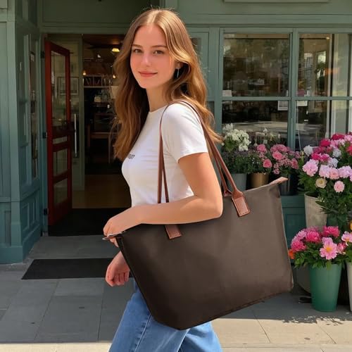 Image of Tote Bag for Women, Casual Hobo Bag Vegan Leather Top-Handle Purse Foldable Shoulder Nylon Zipper Handbag