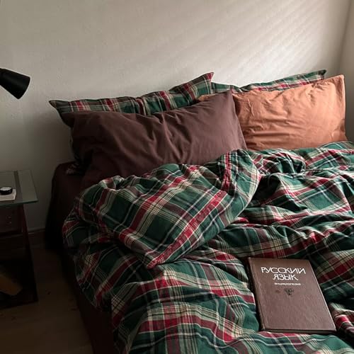 Image of MKXI Vintage Buffalo Plaid Duvet Cover Set 3-Piece | 100% Washed Cotton Reversible Bedding Green /Red Checkered Full Size with Zipper & Corner Ties Farmhouse & Shabby Chic Design