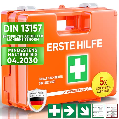 WERKSTEIN® Erste Hilfe Kasten [DIN 13157:2021] inkl. Wandhalterung, 5x Aufkleber & Plombe - Verbandskasten Betrieb - Erste Hilfe Koffer für Betrieb, Büro & Zuhause - Erste Hilfe Set - Sanitätskasten