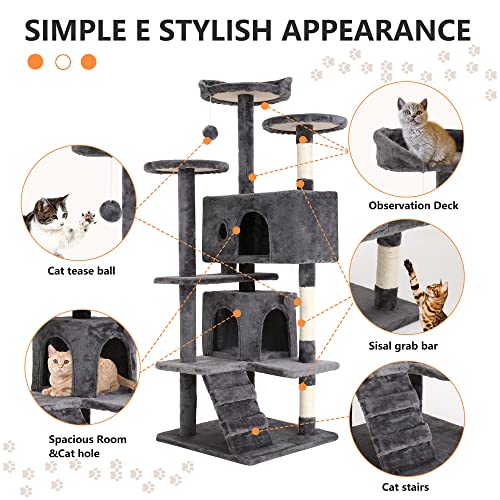 Image of BestPet | 54 inch Cat Tree Tower | Light Gray | Sturdy Multi-Level Cat Tree