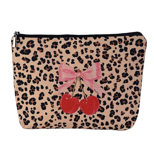 Leopard Print Cherry Makeup Bag,Cosmetic Bag for Women, Large Capacity Toiletry Bag,Zipper Pouch, Travel Accessories Storage with Lining