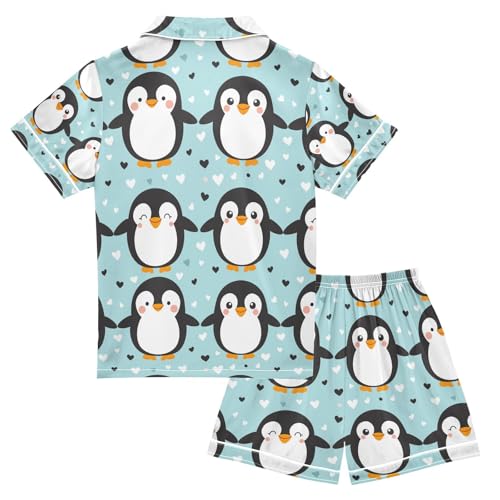 Penguin Holding Hands Satin Summer Pajama Sets Silk Short Sleeve Button Down Sleepwear2
