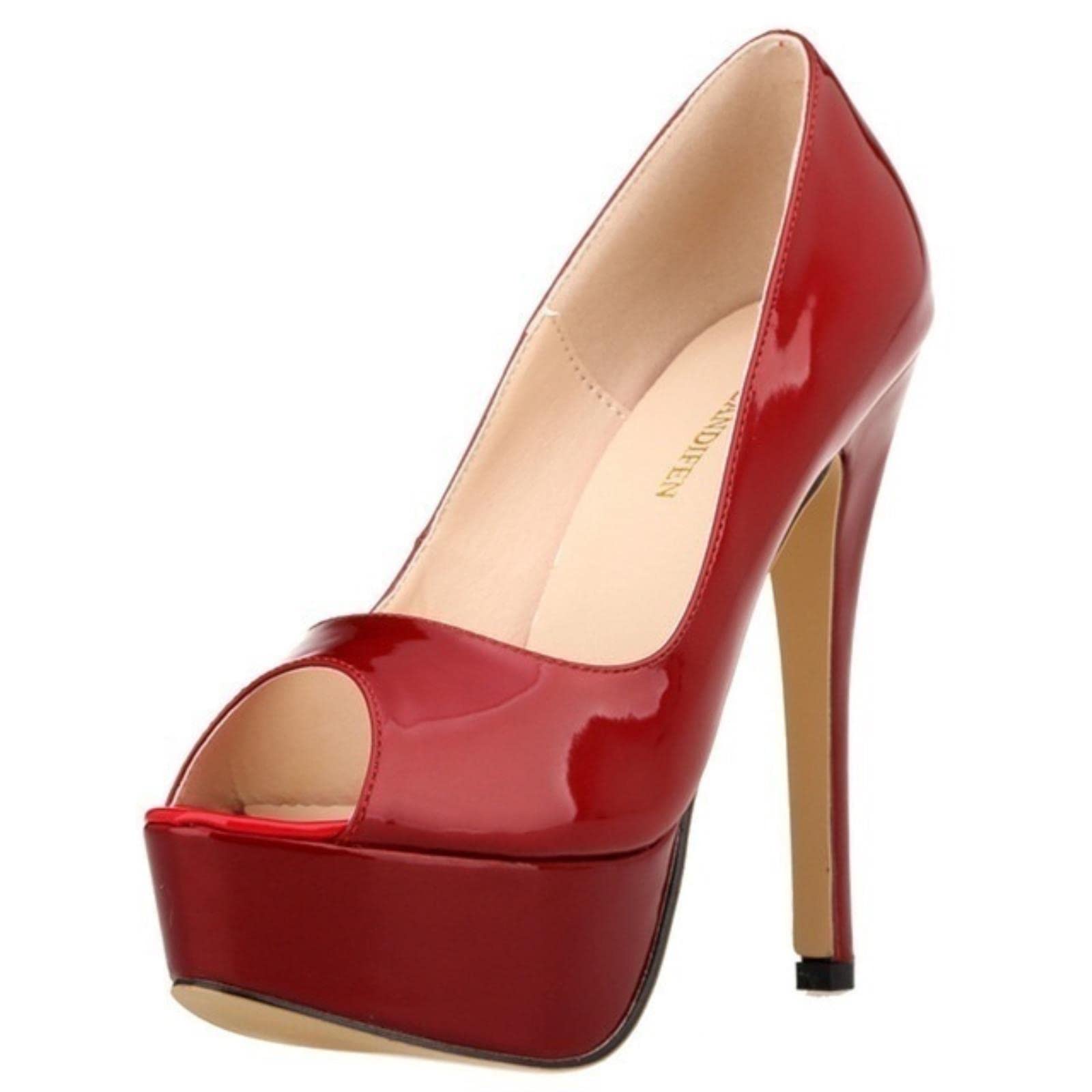 QIANKUN Sexy Open Toe Platform Women High Heels Super High Patent Leather High Heels Shoes Red Wedding Stilettos-Wine red,41