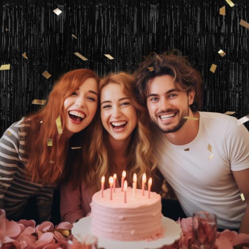 Image of DECOCKRAT 3 Pack Foil Fringe Backdrop - Black Shiny Tinsel Curtains for Party Decoration /Photo Booth Props - 3.3x8.2 FT Metallic Foil Backdrop for Birthday, Wedding, Graduation, Christmas.