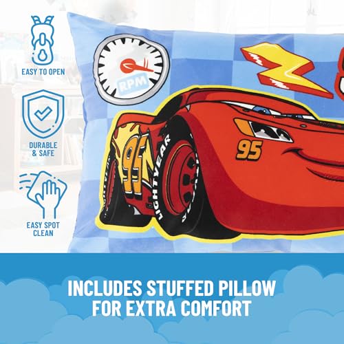 Image of Jay Franco Kids Slumber Bag and Pillow - 54 x 27 Inch Comfy Indoor Sleeping Bag for School and Sleepovers, 2 Piece Set, Blue - Cars