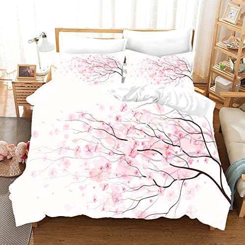 Parure De Lit En Fleurs De Cerisier, 3D Fleurs De Cerisier Style Japonais Style Romantique Microfibre Rose Imprimée Fermeture Éclair Cachée 1 Housse De Couette + 2 Taies D'Oreillers-140x200cm-65x65cm Cover