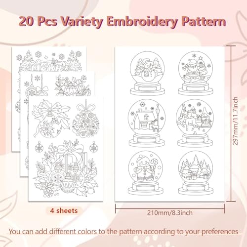Image of Peacoblue Water Soluble Embroidery Patterns for Beginners, Christmas Crystal Ball Santa Claus Reindeer 4 Sheets with 20pcs, Wash Away Embroidery Pattern Stabilizer for Hand Sewing Lover Women Adults