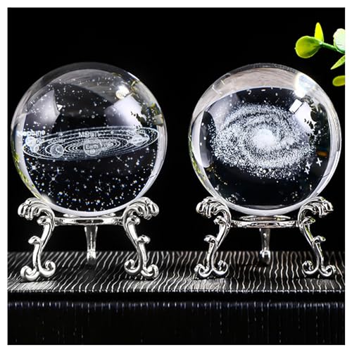 Regerly Bola de cristal 3D - 2 peças com sistema solar, modelo de planeta galáctico, suporte de prata - presente astronómico para crianças