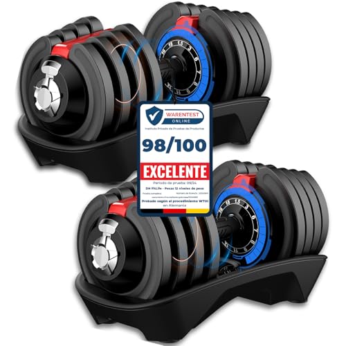 DH FitLife Mancuernas Ajustables 18kg/24kg con Base de Almacenamiento, Juego de Pesas Compactas 12 en 1 para Culturismo y Entrenamiento - Diseño Ahorra Espacio, para Hombre y Mujer (Negro - 18kg X 2)