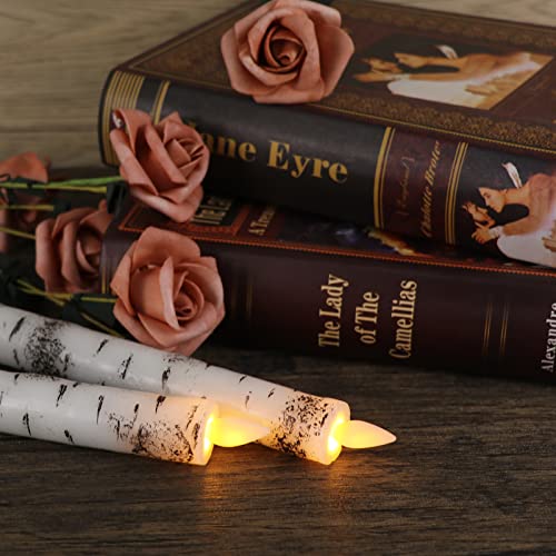 Lasumora Flameless Taper Candles Birch Bark With Remote, Moving Wick Led Flickering Window Candles Battery Operated 0.78 X 9.5 Inches Real Wax Amber Yellow Christmas Window Decoration Set Of 2(Birch) #TOP4