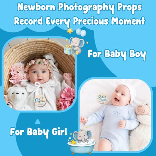 Image of Wooden Baby Monthly Milestone Cards Double Sided Baby Birth Sign Elephant | Hello World Milestone Sign Discs Pregnancy Baby Shower Gifts for Newborn Photo Props