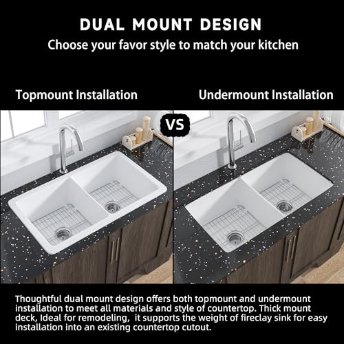 White-Undermount-Kitchen-Sink-32-Inch-Double-Bowl-5050-Large-Kitchen-Sink-Drop-In-32x19x10-White-Kitchen-Sink-Dual-Mount-Topmount-Fireclay-Sink-with-Accessories-for-Kitchen White Undermount Kitchen Sink 32 Inch Double Bowl 5050 Large Kitchen Sink Drop In 32x19x10 White Kitchen Sink Dual Mount Topmount Fireclay Sink with Accessories for Kitchen