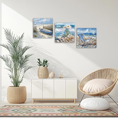 CHAOSETKEN Coastal Wall Art Bathroom Decor 3 Pieces Ocean Boat Canvas Pictures Beach Ocean Landscape Painting Prints Seaside Scenery Poster Framed (Blue,12.00" x 12.00" x 3PCS) - Image 5