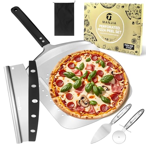 MANJIA Perforated Pizza Peel 12 Inch, Aluminum Pizza Paddle Pizza Cutter Rocker, (12