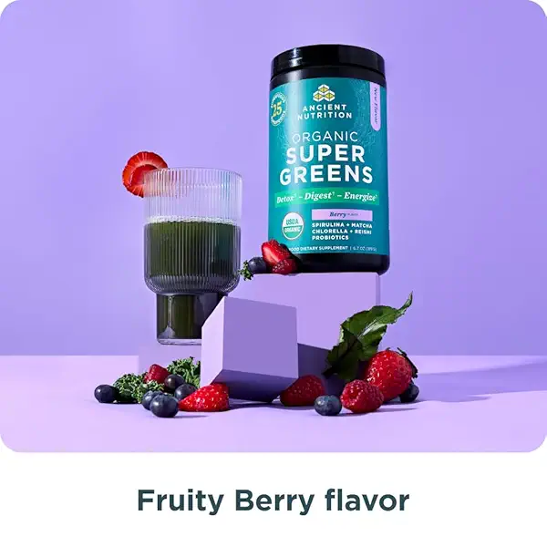Ancient Nutrition SuperGreens Powder with Probiotics, Organic Berry Flavor Greens, Made from Real Fruits, Vegetables and Herbs, Digestive and Energy Support, 25 Servings, 6.7oz 5