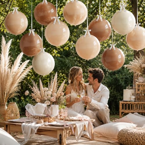 Image of 9 Pcs Nude Cream Beige Round Foil Balloons Netural Boho 4D Ball Balloons 22 In Brown Tan Apricot Large Foil Balloons for Boho Birthday Wedding Anniversary Baby Shower Disco Party Backdrop Decor