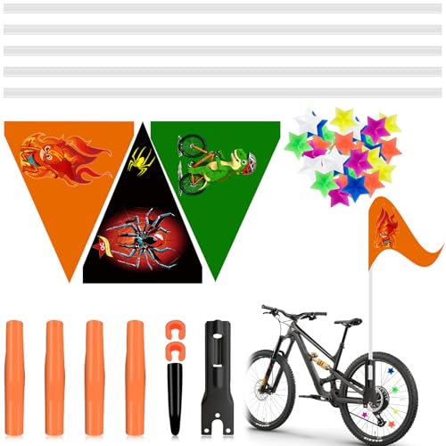 FULHANY 3 PièCes Fanion De VéLo - Fanion VéLo Enfant Set - 5 MâTs, Araigres, Dinosaure Cycliste Et Drapeaux De Singe De Flamme, 36 Rayons De VéLo Pentagram, AdaptéS Aux VéLos Pour Enfants, Karts