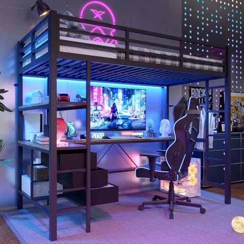 Cayipng Cama alta 90 x 200 cm con luz LED y puerto USB, cama para niños 90 x 200, litera con escritorio, toma de corriente, puerta de cama, 3 cajones, color negro