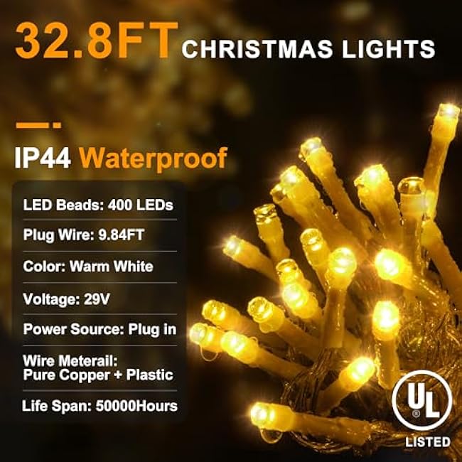 KNONEW Christmas Lights Outdoor Decorations 400 LED 33ft 8 Modes Curtain Fairy String Light with 75 Drops, Clear Wire LED String Light Indoor Decor for Wedding Party Christmas Decorations Warm White