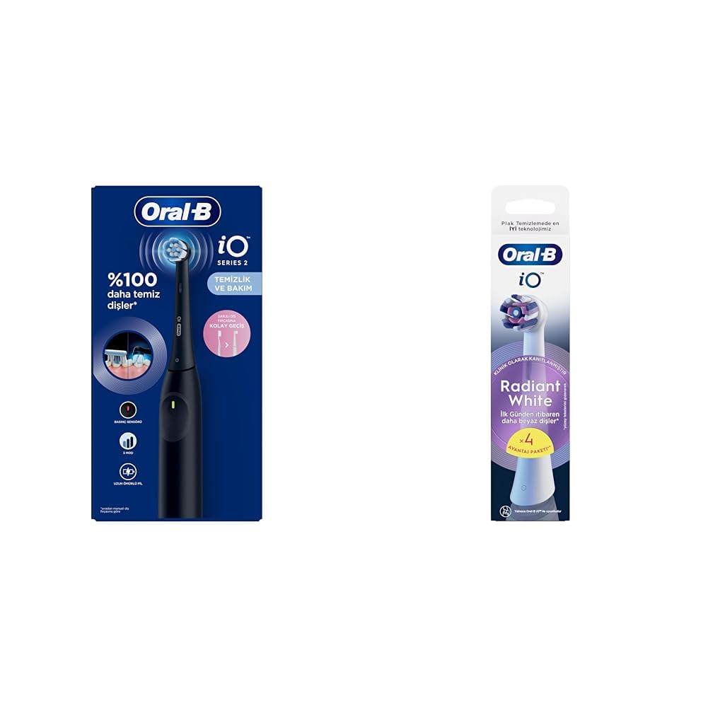 Oral-B iO 2 Şarjlı Diş Fırçası – Gece Siyahı + Oral-B iO Radiant White Beyaz Diş Fırçası Yedek Başlığı 4 Adet