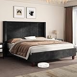 AMERLIFE California King Size Upholstered Bed Frame with 50.8" Tall Headboard, Wingback Platform Bed with Solid Wood Legs, Wooden Slats, Corduroy/No Box Spring Needed/Noise Free/Black