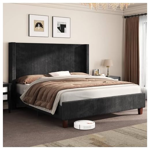AMERLIFE California King Size Upholstered Bed Frame with 50.8" Tall Headboard, Wingback Platform Bed with Solid Wood Legs, Wooden Slats, Corduroy/No Box Spring Needed/Noise Free/Black