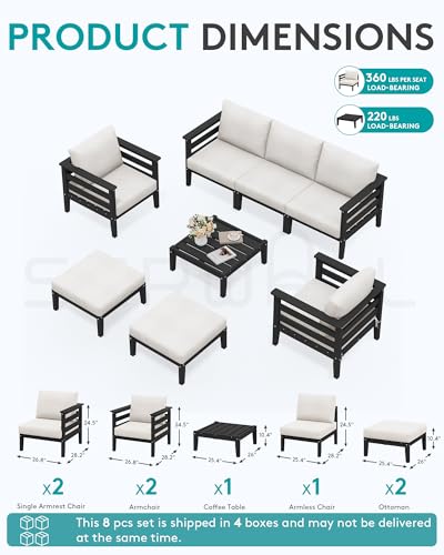 Image of SERWALL HDPE Patio Furniture Set, 8 Pieces Composite Outdoor Furniture | All-Weather Wood-Like Outdoor Sofa Couch with Coffee Table, Modular Design for Flexible Combination