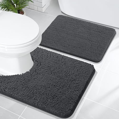 Image of OLANLY Bathroom Rugs Sets 2 Piece, Soft Absorbent Chenille Bath Mats and U-Shaped Contour Toilet Mat Area Rug Set, Machine Washable Bath Carpet, Home Decor Accessories(24 inchx16 inch+24 inchx20 inch, Dark Grey)