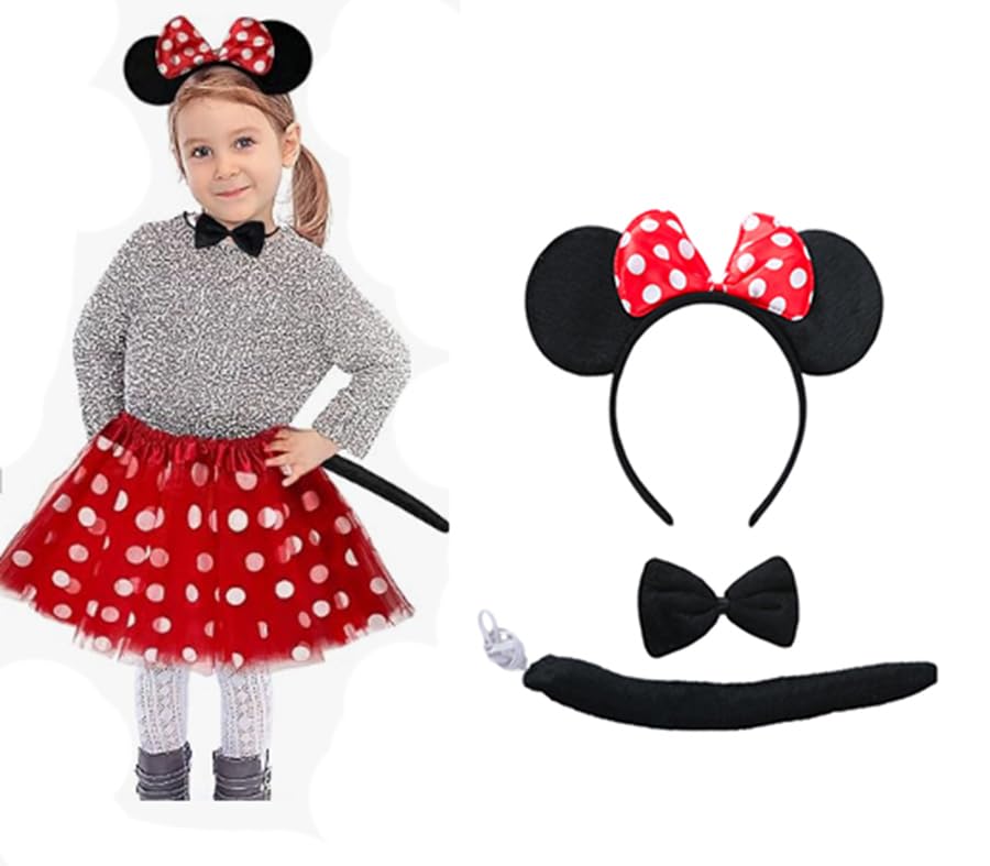 Animal Ears Bow Tail Set,Animal Costume Set Fancy dress set print animal ears with a tail and matching bow Carnival Party Decoration Costume Accessory(Red Mickey Costume) - Image 2