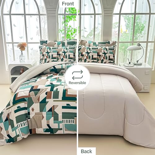 Image of lasoftan Geometry Queen Comforter Set with Sheets, 7 Piece Luxury Vintage Bedding, Soft Microfiber Bed in a Bag, Cozy Lightweight Bed Set, Brown Green Geometry