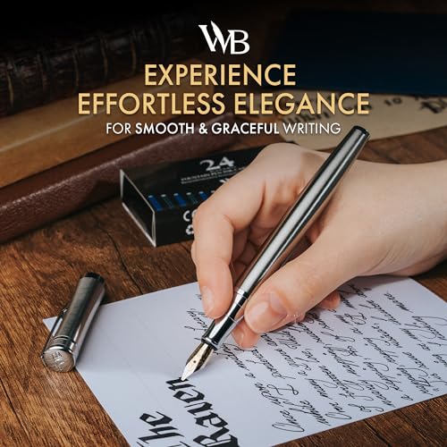 Image of Wordsworth & Black Luxury Fountain Pen Set for Writing, Broad Nib, Silver | Gift for Men & Women, Brass Body, German Iridium, Calligraphy, Converter + 24 Ink Cartridges, Refillable, Leak-Free